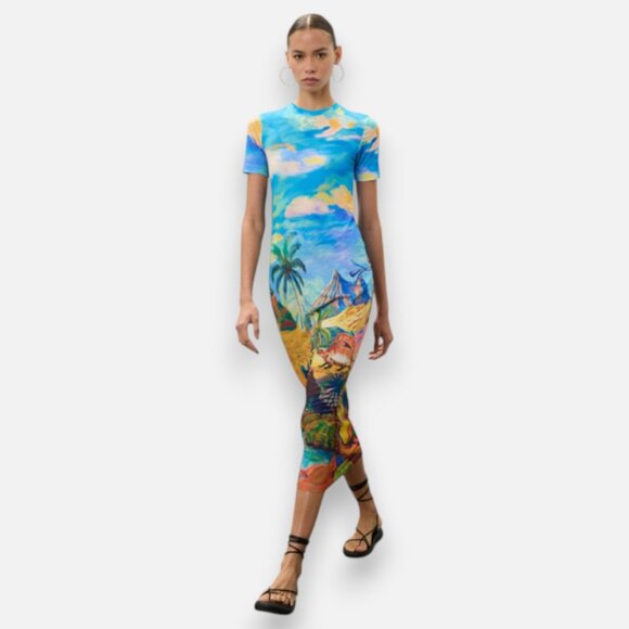 Stella Jean Beach Print Midi Dress | size 10 - Picture 4 of 5